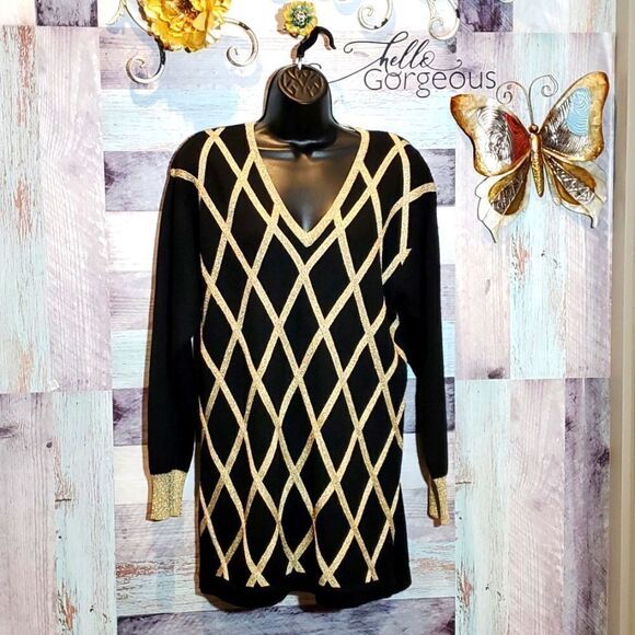 Vintage Gorgeous Black Gold Metallic VNeck Sweater, Suzelle, Sz M - Picture 1 of 9